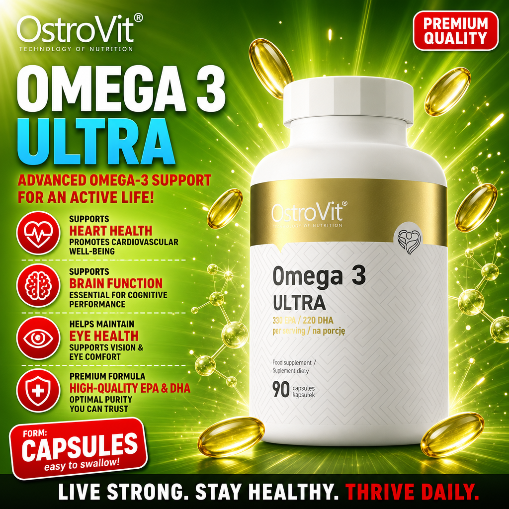 OstroVit Omega 3 Ultra 90 capsules omega-3 supplement with EPA and DHA, shown in a white and gold bottle, capsule form, for heart, brain, and eye health support.