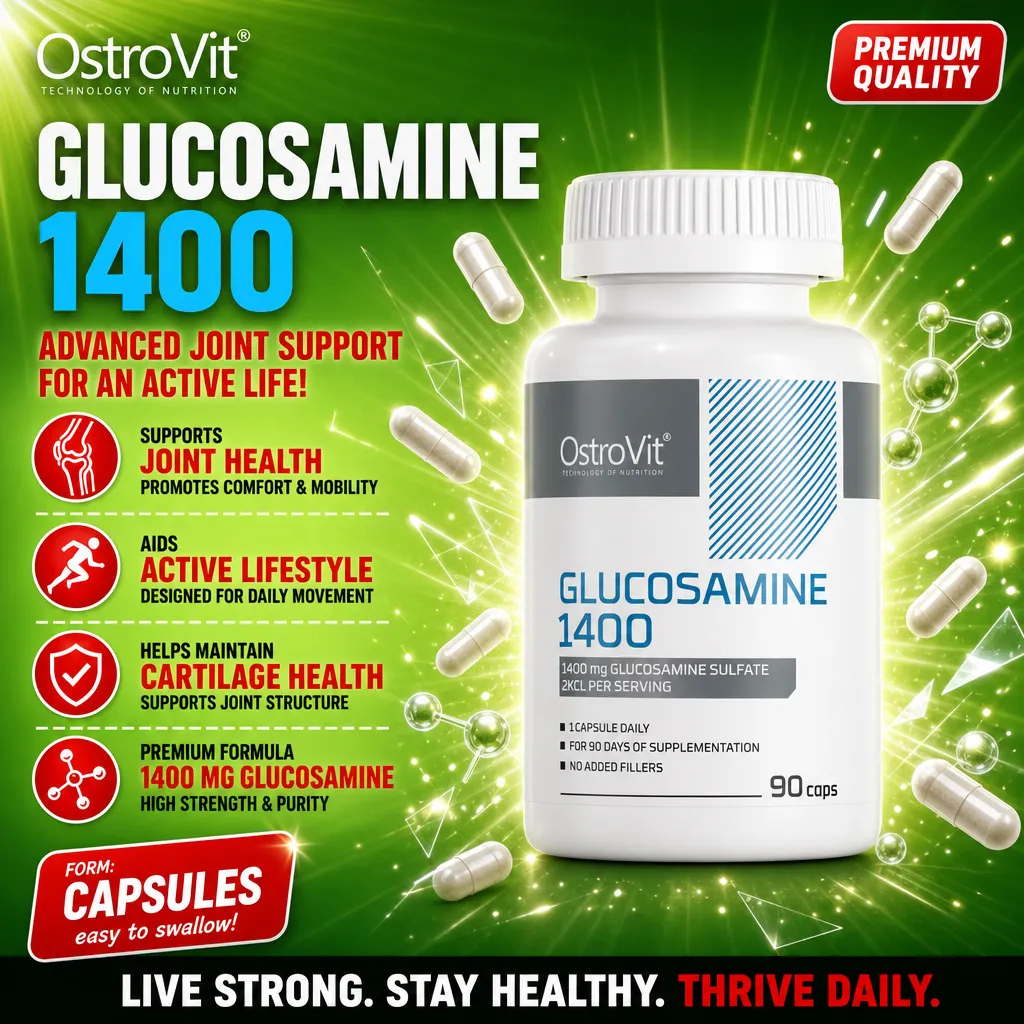 OstroVit Glucosamine 1400 joint support supplement, 90 capsules, 1400 mg glucosamine sulfate per serving, high strength and purity, white bottle with green background.