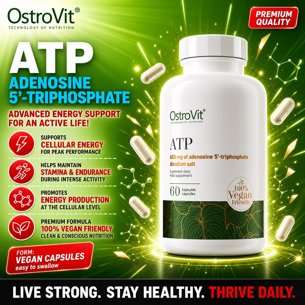 OstroVit ATP 60 vegan capsules, a dietary supplement with 450 mg of adenosine 5'-triphosphate disodium salt per capsule, vegan-friendly formula for energy support.