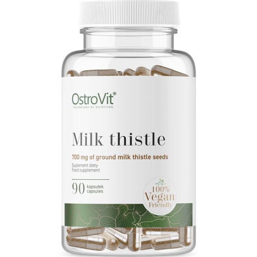 OstroVit Milk Thistle 90 Vege Caps vegan-friendly food supplement with 700 mg of ground milk thistle seeds per capsule, in a clear plastic bottle with green and white label.