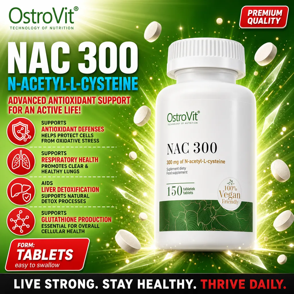 OstroVit NAC 300 150 tablets vegan-friendly N-acetyl-L-cysteine supplement, antioxidant support, green and white packaging.