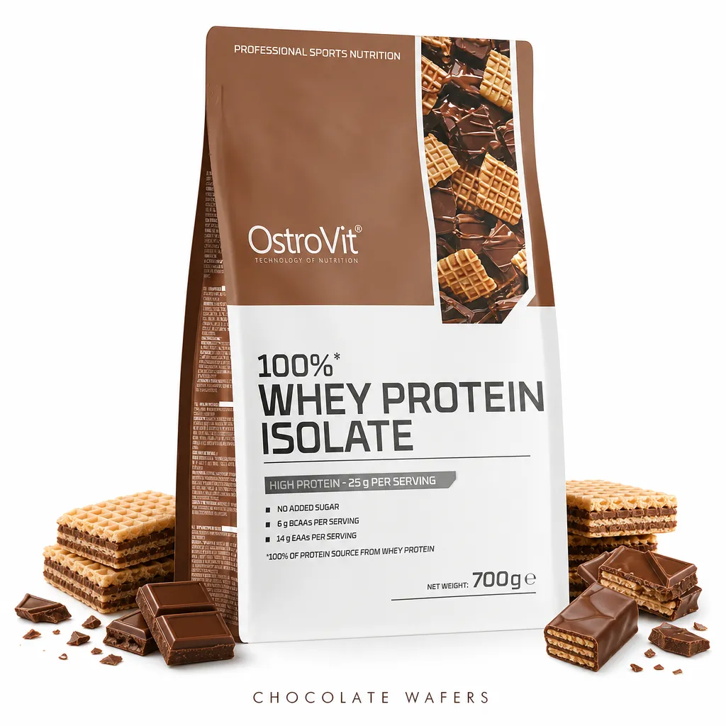 OstroVit 100% Whey Protein Isolate 700g chocolate wafers flavor, high-protein, low-fat, sugar-free supplement powder for muscle growth and recovery.