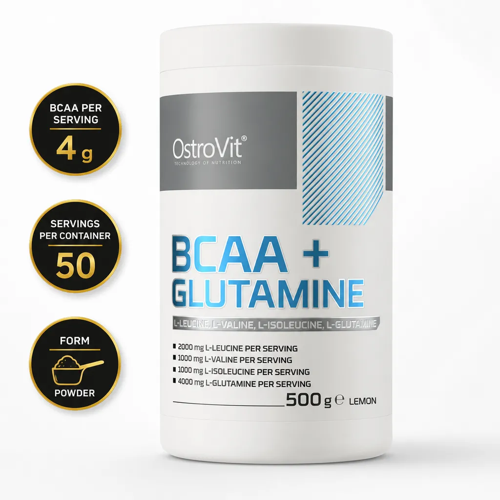 OstroVit BCAA + Glutamine 500g lemon-flavoured powder supplement with BCAAs and L-glutamine