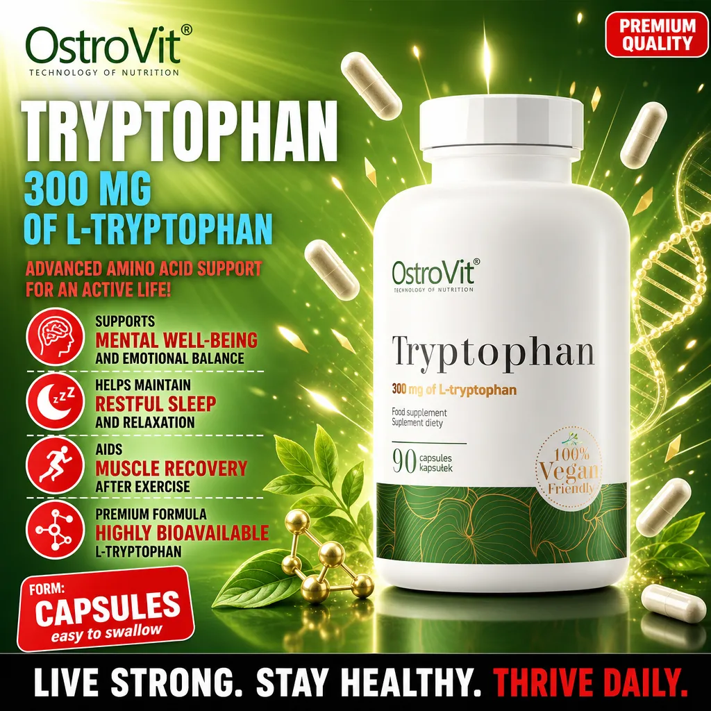 OstroVit Tryptophan 300mg 90 capsules vegan-friendly food supplement, L-tryptophan amino acid, supports mental well-being, restful sleep, and muscle recovery.