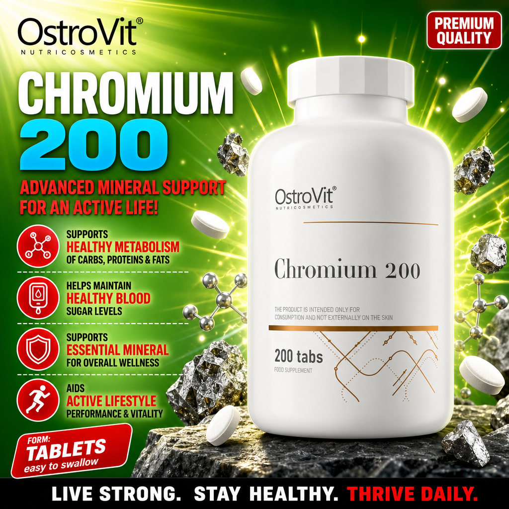 OstroVit Chromium 200 tablets, a mineral food supplement for healthy metabolism, blood sugar support, and overall wellness, 200 tabs, white bottle with green background.