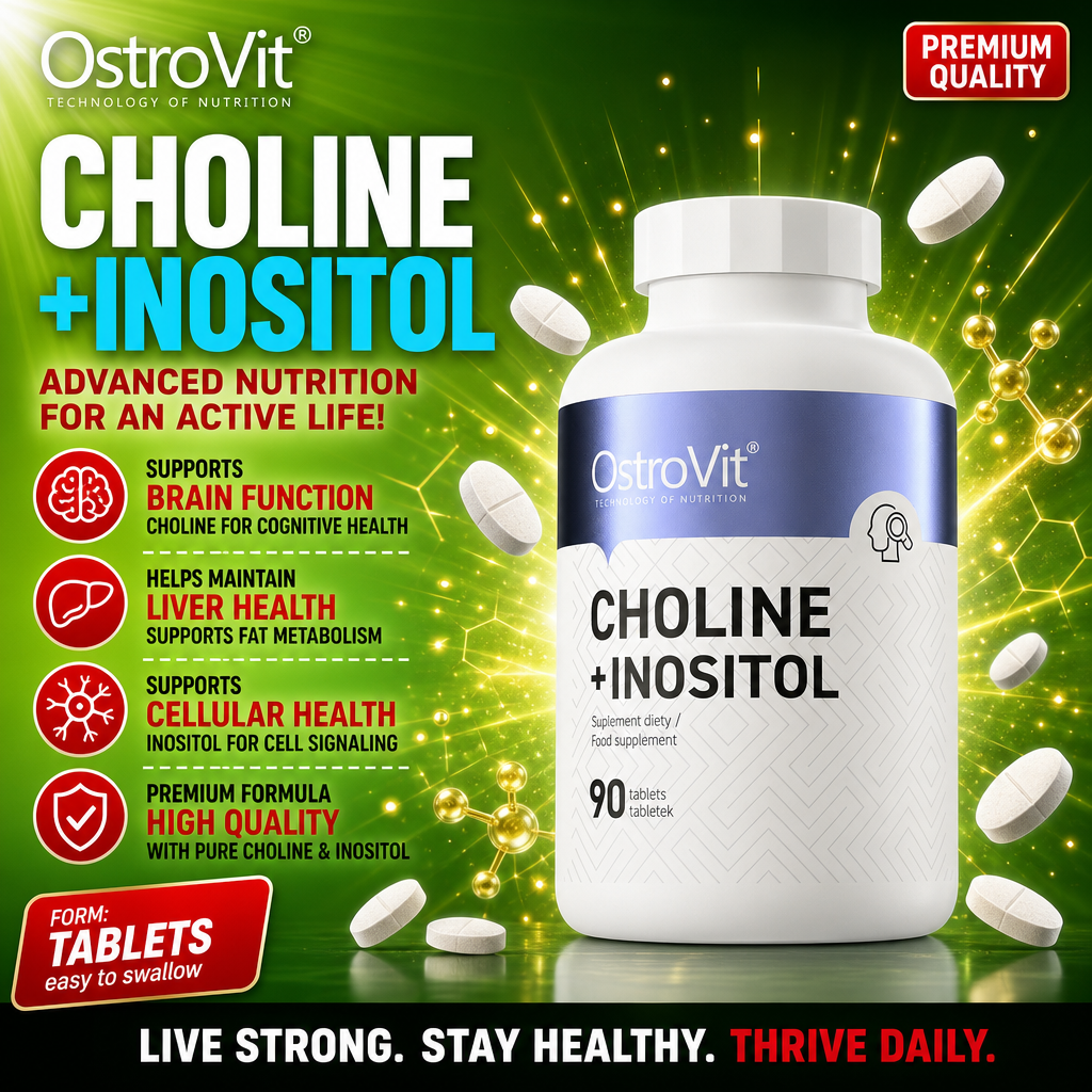 OstroVit Choline + Inositol 90 tablets dietary supplement for brain, liver, and cellular health, shown in a white and blue bottle with tablets and green background.