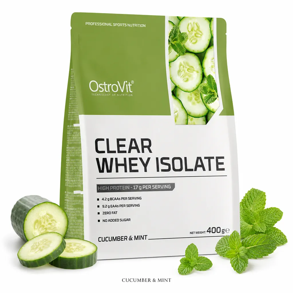 OstroVit Clear Whey Isolate 400g by OstroVit Nutrition, cucumber & mint flavor, high-protein, fat-free, sugar-free whey protein isolate supplement for athletes.