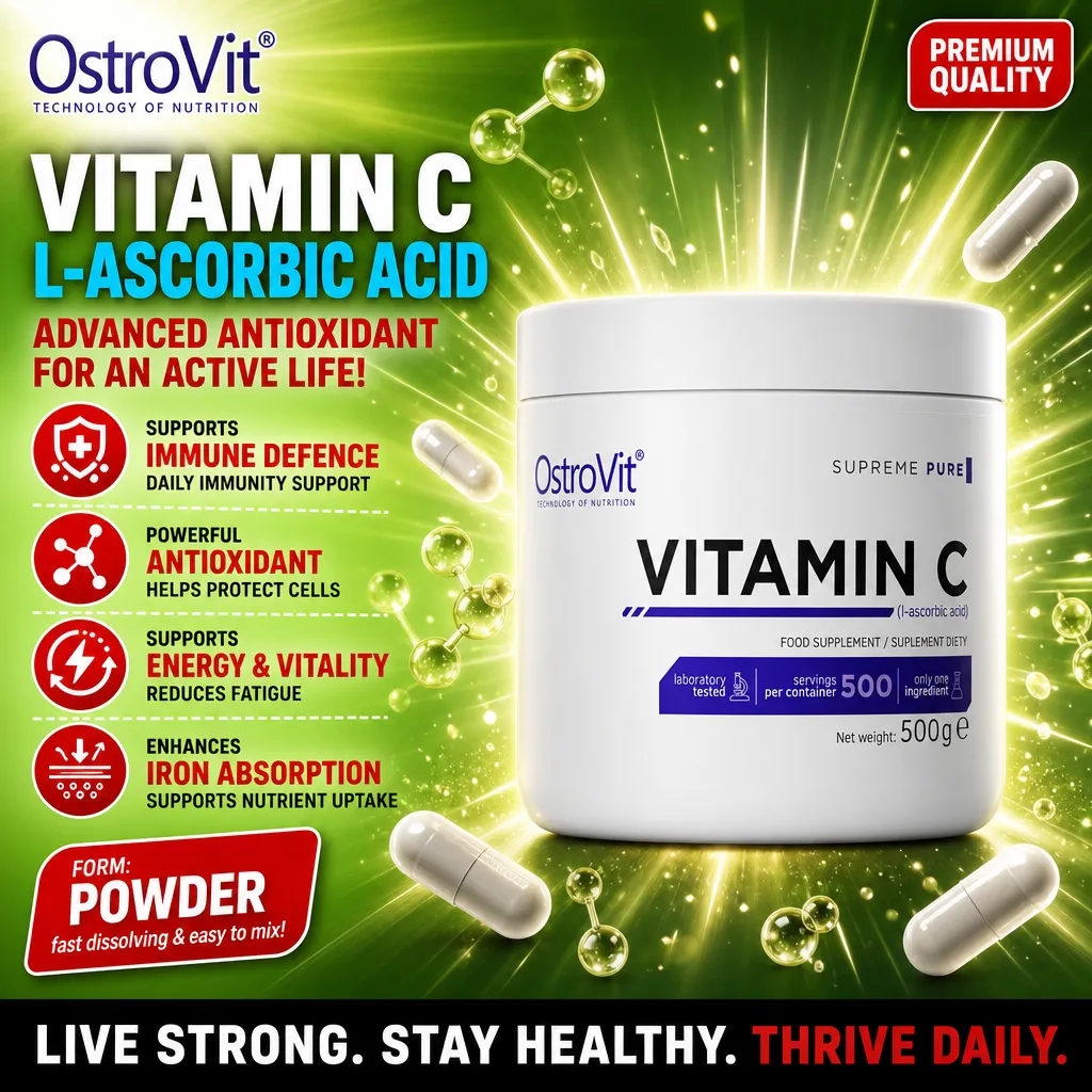 OstroVit Vitamin C 500g L-ascorbic acid powder supplement, unflavoured, antioxidant support for immune defence and energy, in a white container with green background.