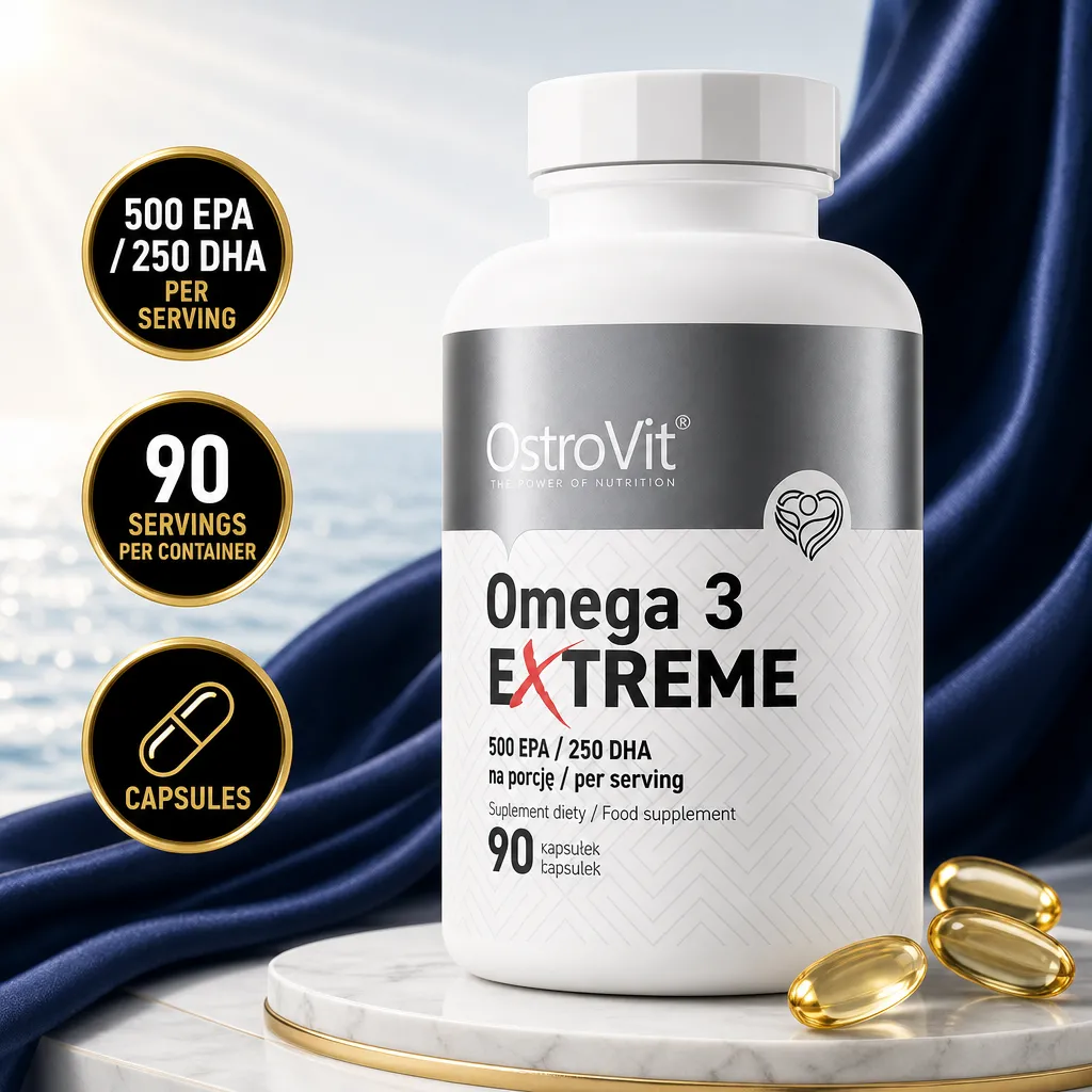 OstroVit Omega 3 Extreme fish oil supplement, 90 capsules with 500 mg EPA and 250 mg DHA per serving in a white bottle.