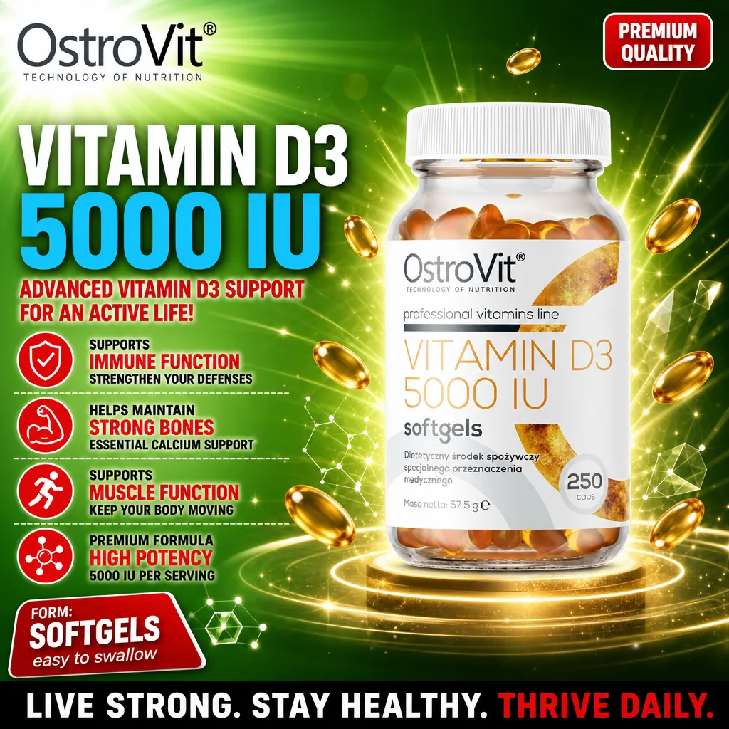 OstroVit Vitamin D3 5000 IU 250 softgels high-potency vitamin D supplement in softgel form, designed to support immune function, strong bones, and muscle function.
