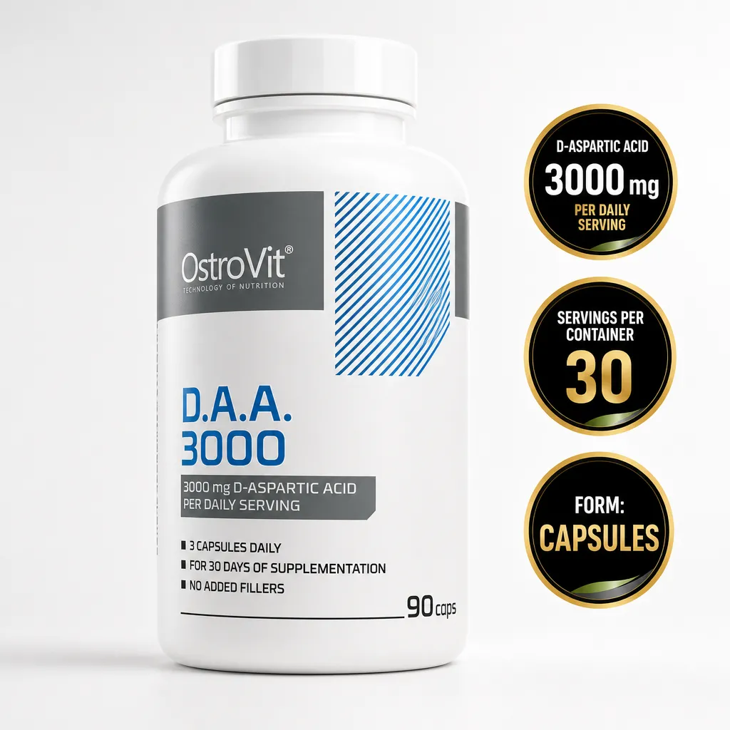 OstroVit D.A.A. 3000mg dietary supplement in capsule form, with 90 capsules and 3000mg D-aspartic acid per daily serving