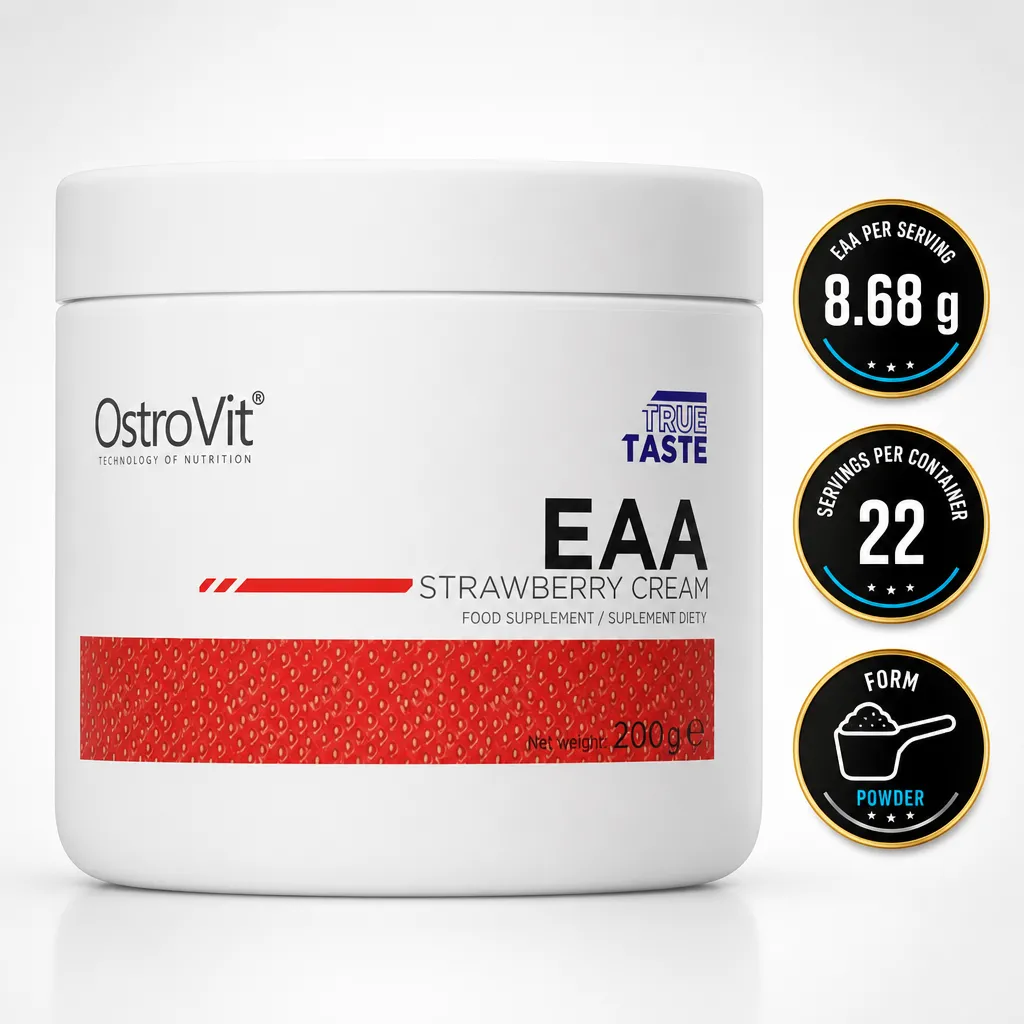 OstroVit EAA 200g strawberry cream essential amino acid supplement in powder form with 8.68 g EAAs per serving