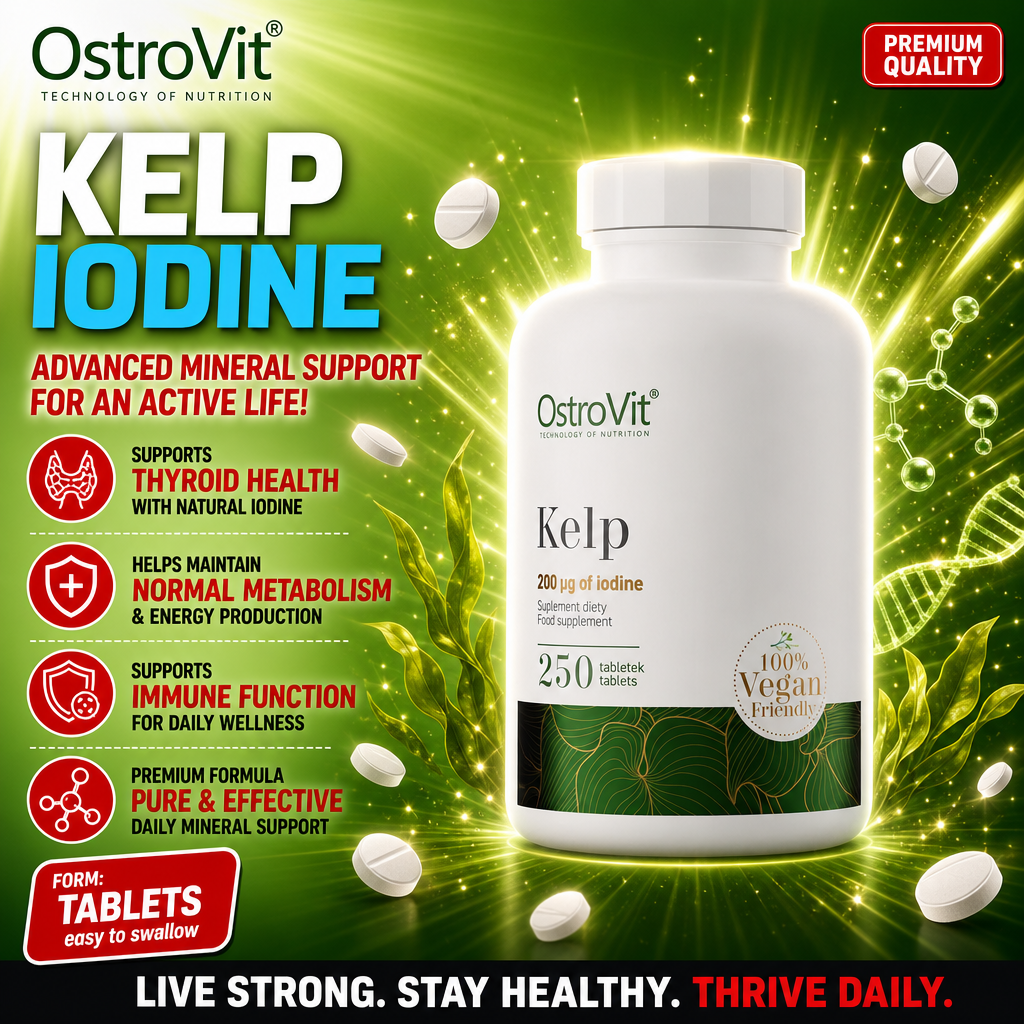 OstroVit Kelp 250 tabletek vegan-friendly iodine supplement, supports thyroid health, normal metabolism, and immune function, in a white bottle with green accents.
