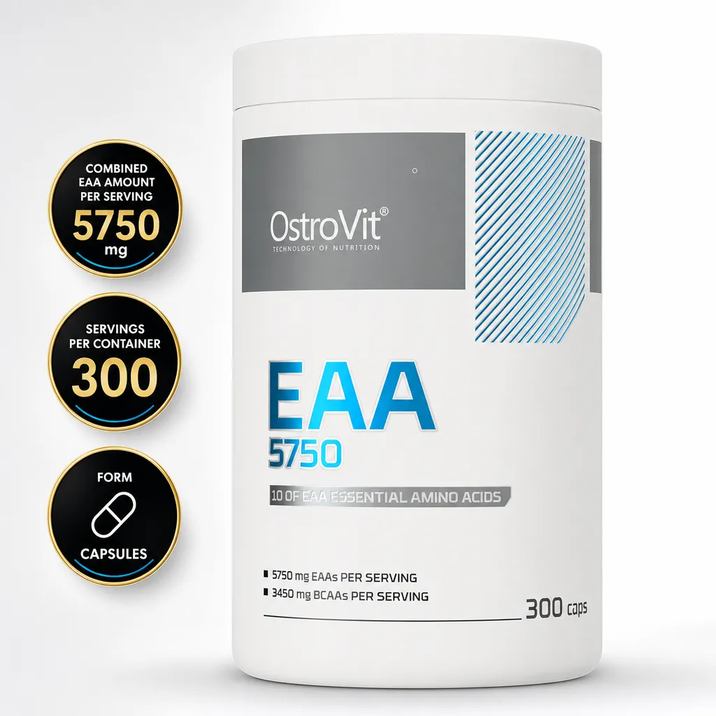 OstroVit EAA 5750 essential amino acid supplement in capsule form, 300 capsules, with 5750 mg EAAs per serving