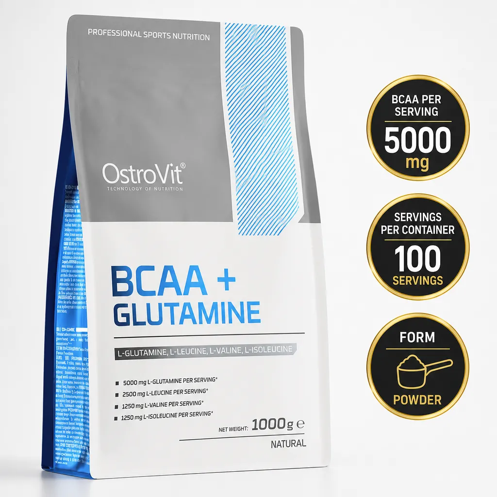 OstroVit BCAA + Glutamine 1000g unflavoured powder supplement in a grey, white and blue pouch