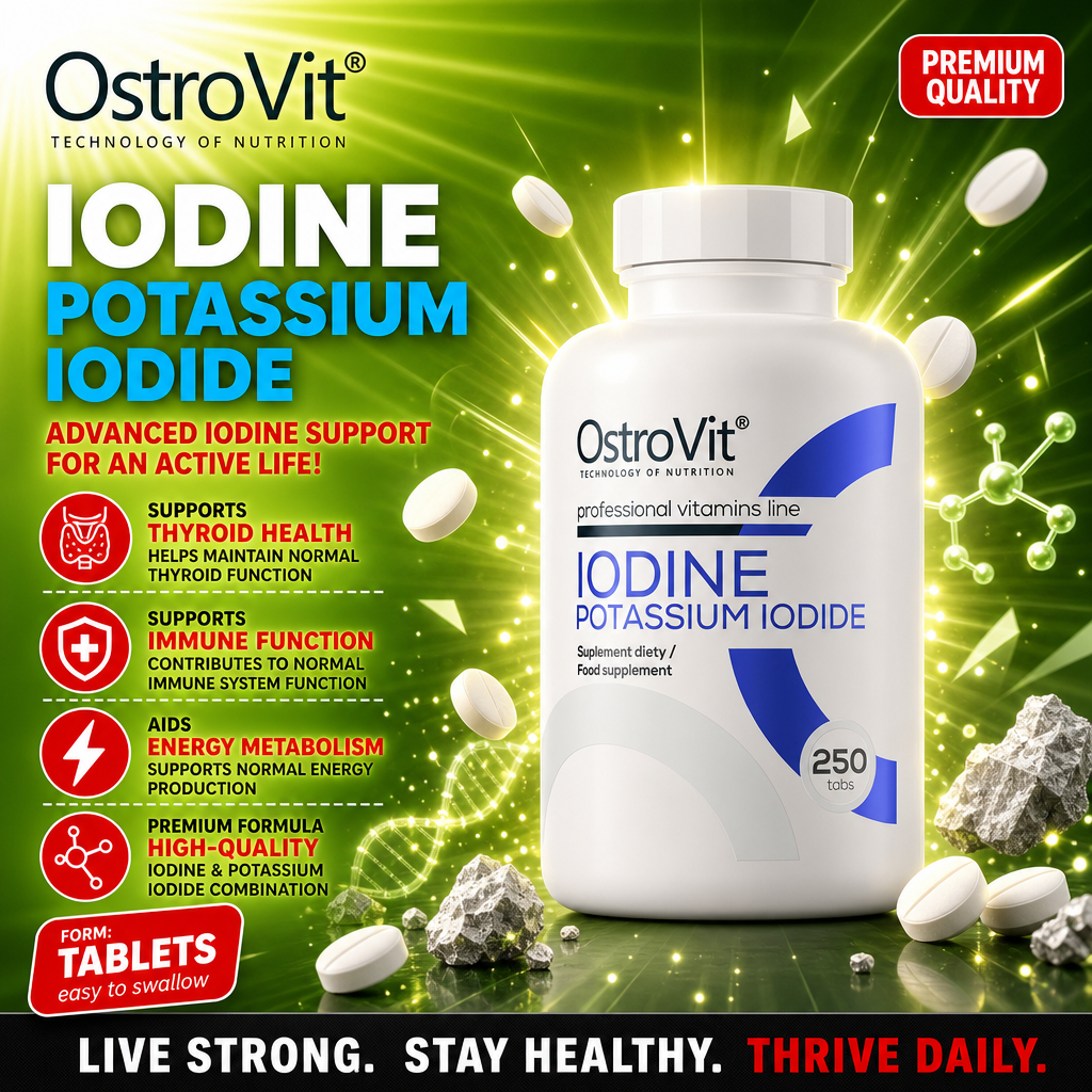 OstroVit Iodine Potassium Iodide 250 tabs dietary supplement, professional vitamins line, supports thyroid health, immune function, and energy metabolism, in tablet form with a white and blue bottle.