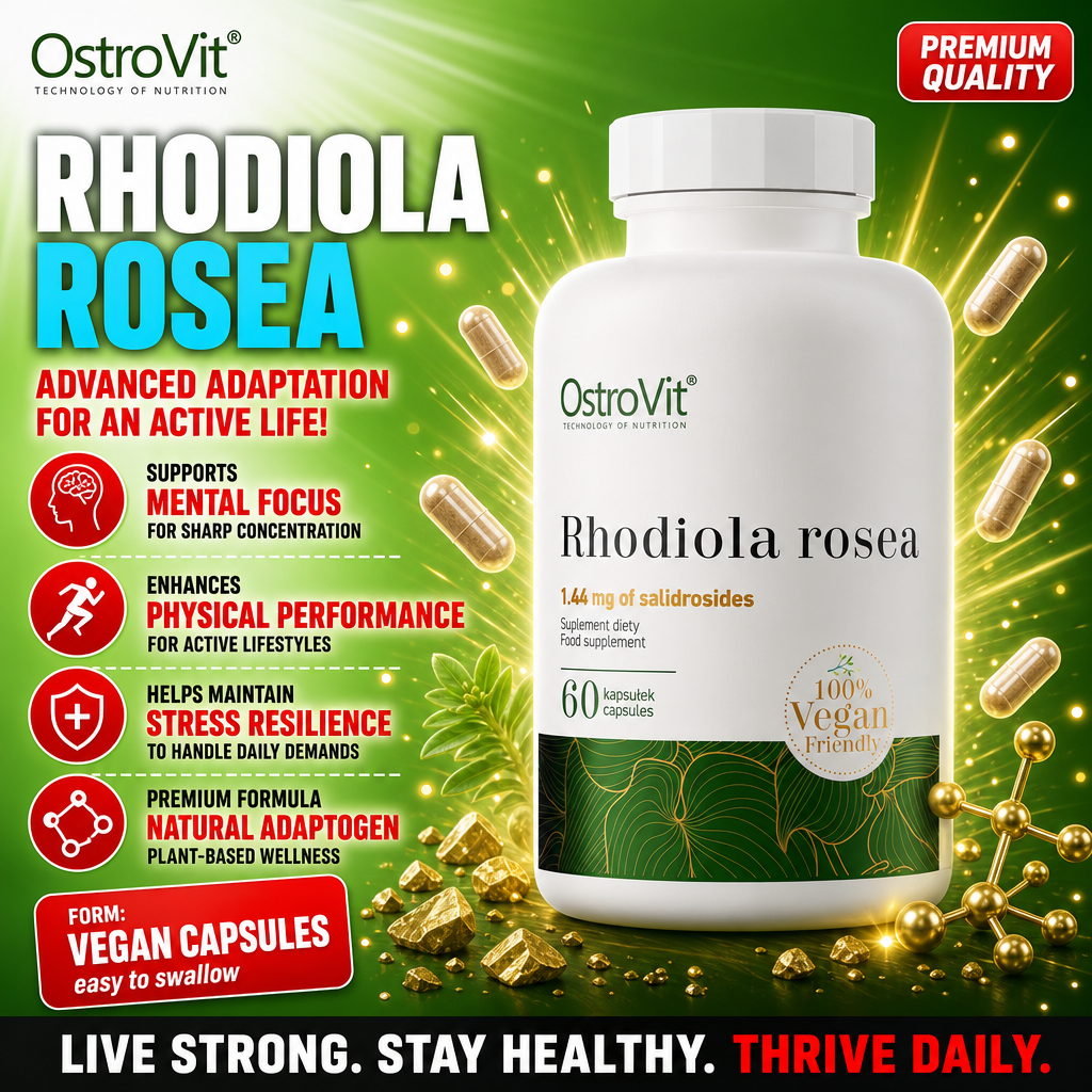 OstroVit Rhodiola Rosea 60 vegan capsules, a plant-based adaptogen supplement with 1.44 mg of salidrosides per serving, designed to support mental focus, physical performance, and stress resilience. The product is 100% vegan friendly and comes in a white 
