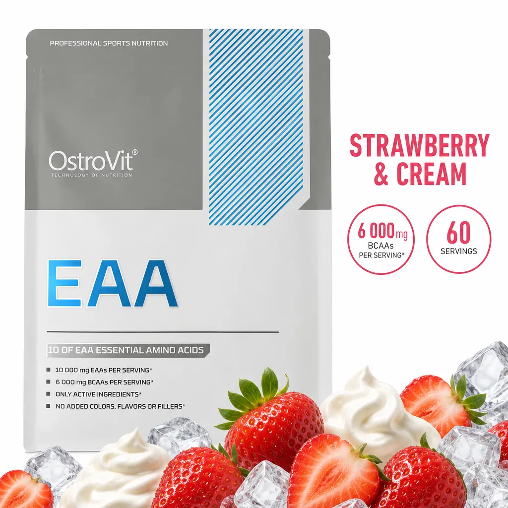 OstroVit EAA 600g essential amino acid powder in Strawberry & Cream flavour, with 60 servings, shown with strawberries and cream.