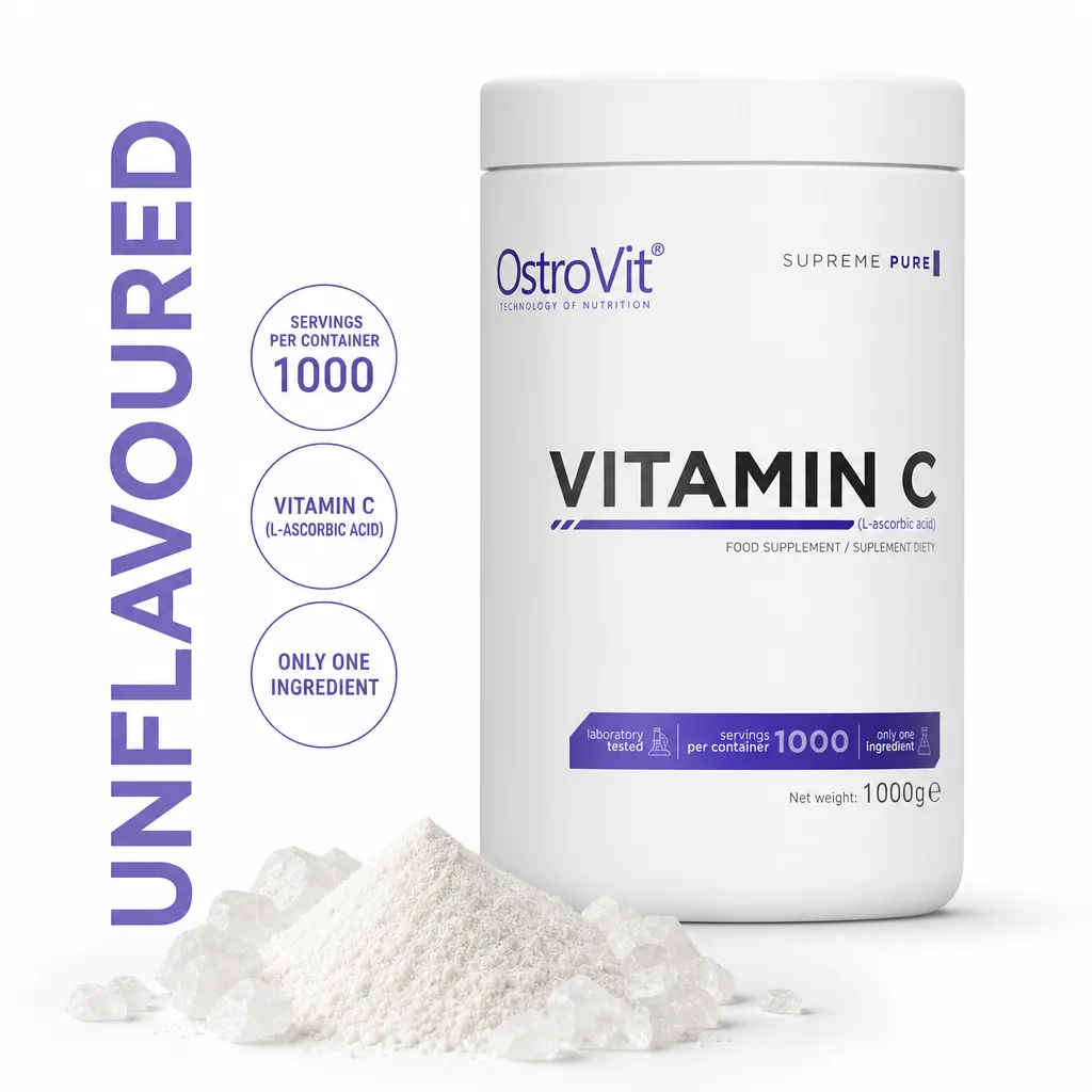 OstroVit Vitamin C 1000g powder supplement with pure L-ascorbic acid, 1000 servings, and a white container.