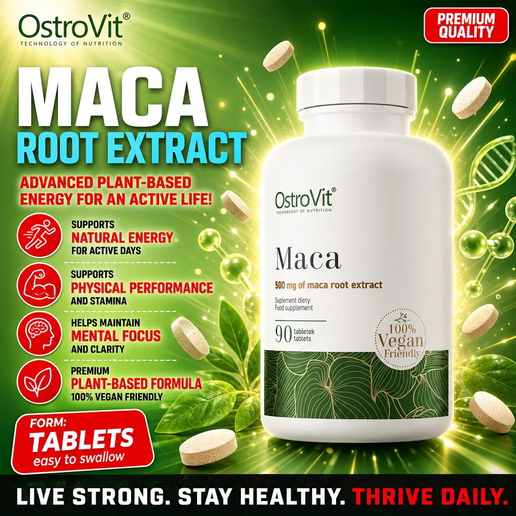 OstroVit Maca 500mg root extract vegan dietary supplement, 90 tablets, plant-based formula for energy, physical performance, and mental focus, in a white and green bottle.