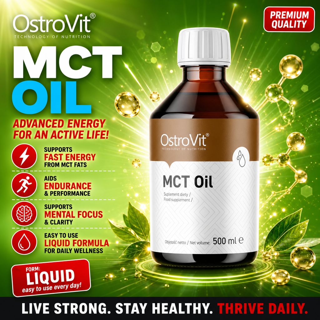 OstroVit MCT Oil 500 ml liquid dietary supplement for energy, endurance, and mental focus, in a brown bottle with a white label and cap, shown on a green background.