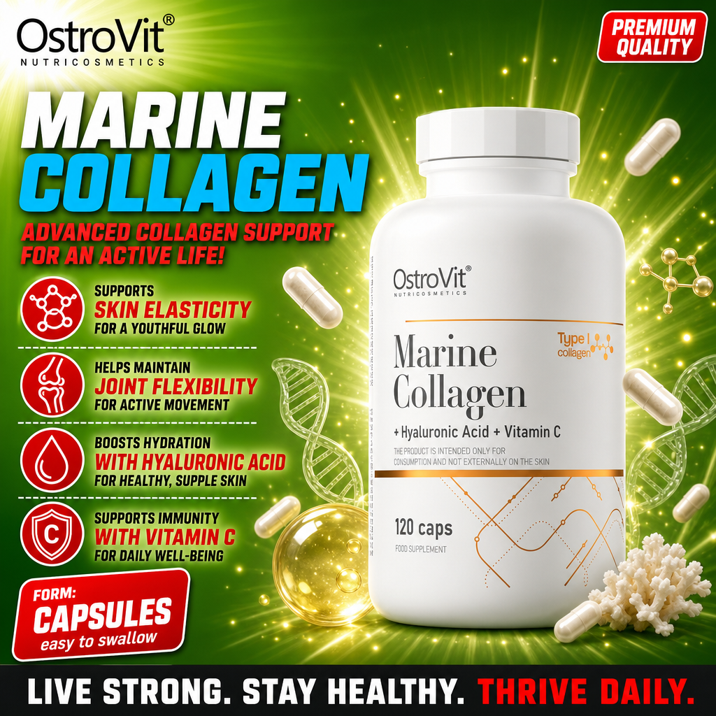 OstroVit Marine Collagen with Hyaluronic Acid and Vitamin C, 120 capsules, a dietary supplement for skin elasticity, joint flexibility, and hydration, in a white bottle with green and red promotional background.