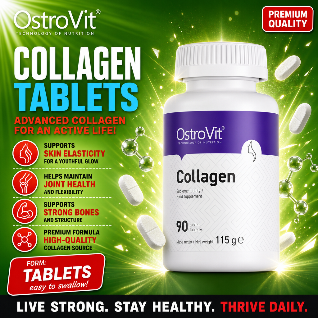 OstroVit Collagen 90 tablets dietary supplement for skin, joint, and bone health, in a white and purple bottle, 115g net weight.