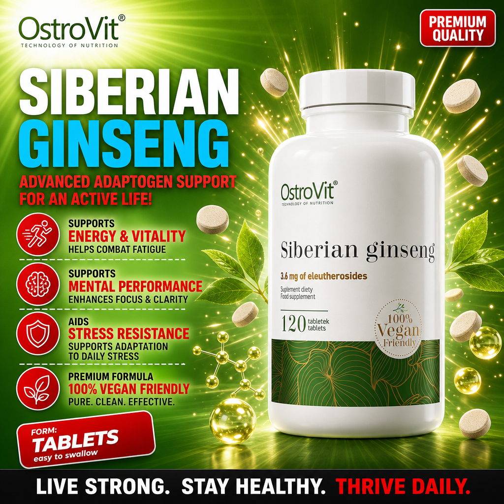 OstroVit Siberian Ginseng 120 vegan-friendly tablets, a dietary supplement with 3.6 mg of eleutherosides, designed to support energy, vitality, mental performance, and stress resistance.