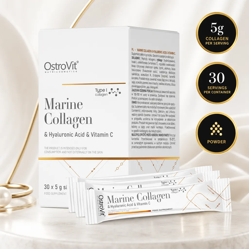 OstroVit Marine Collagen with Hyaluronic Acid and Vitamin C powder supplement, 5 g sachets, 30 servings