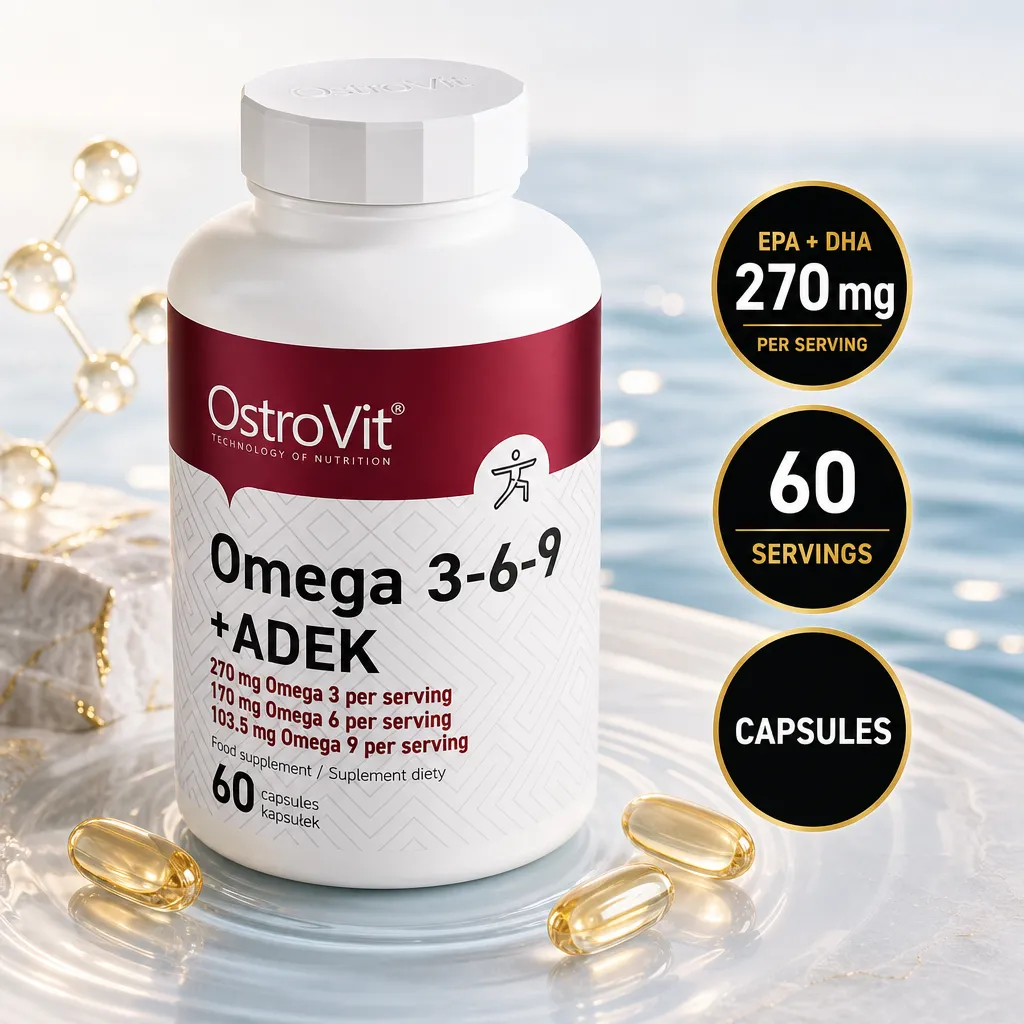 OstroVit Omega 3-6-9 + ADEK fish oil supplement with omega fatty acids, vitamins A, D, E and K, 60 capsules