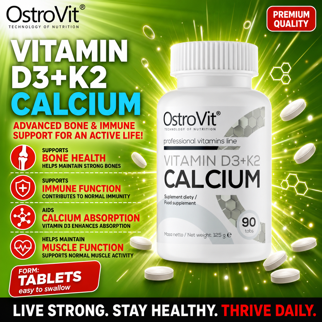 OstroVit Vitamin D3+K2 Calcium 90 tablets, a dietary supplement for bone, immune, and muscle support, with vitamin D3, K2, and calcium, in a white bottle with green background.
