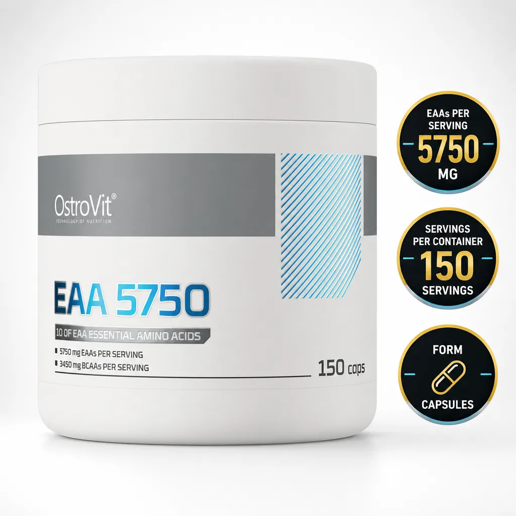 OstroVit EAA 5750 essential amino acid supplement in capsule form, 150 capsules, with 5750 mg EAAs per serving