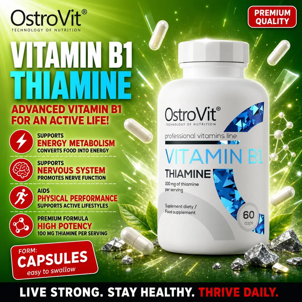 OstroVit Vitamin B1 Thiamine 60 caps, a dietary supplement in capsule form supporting energy metabolism, nervous system, and physical performance, with 100 mg thiamine per serving.