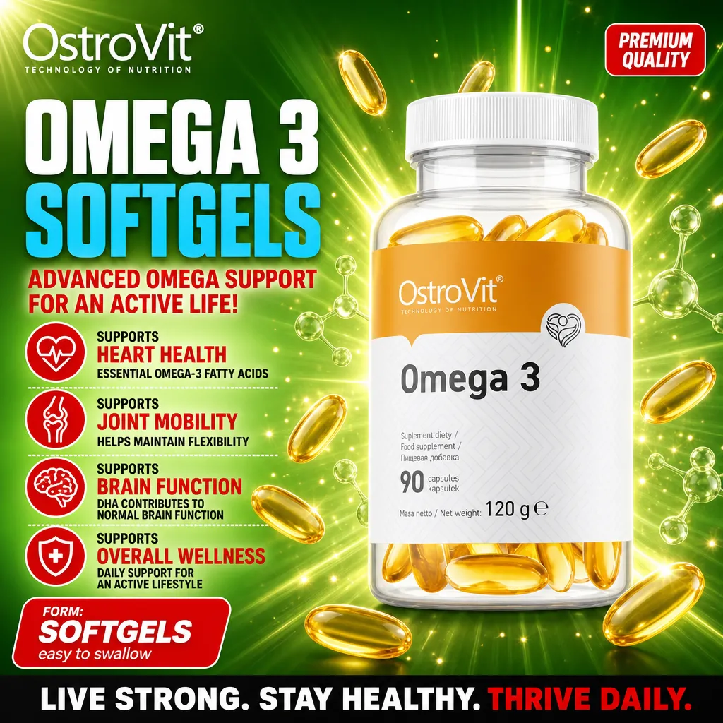 OstroVit Omega 3 softgels, 90 capsules, omega-3 fatty acid supplement for heart, joint, and brain health, in a clear bottle with yellow softgel capsules.