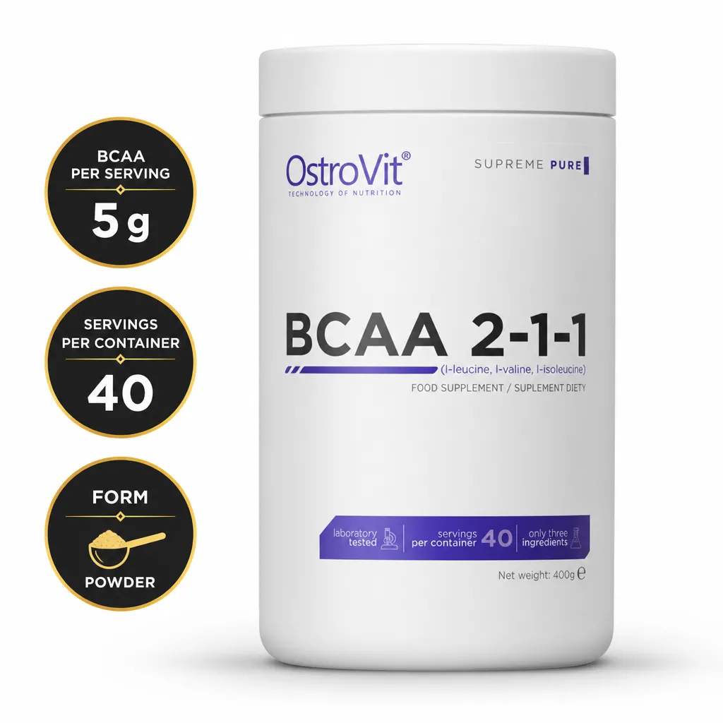 OstroVit BCAA 2:1:1 400g Unflavoured powder supplement in a white tub with a purple label