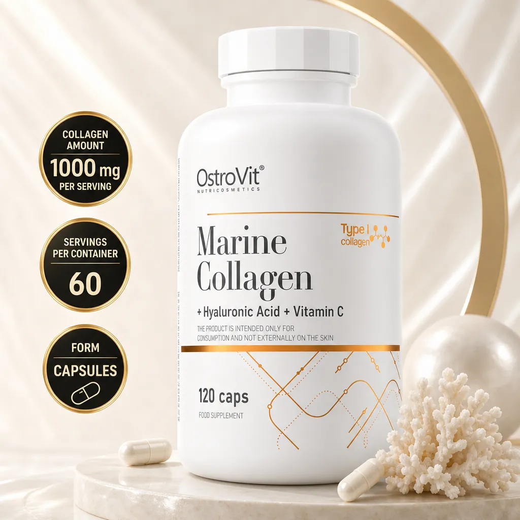 OstroVit Marine Collagen with Hyaluronic Acid and Vitamin C, 120 capsules in a white supplement bottle.
