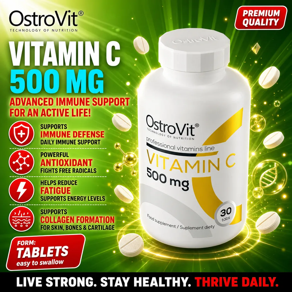 OstroVit Vitamin C 500 mg tablets, a food supplement for immune support, antioxidant benefits, and collagen formation, in a white bottle with yellow accents, 30 tablets per pack.