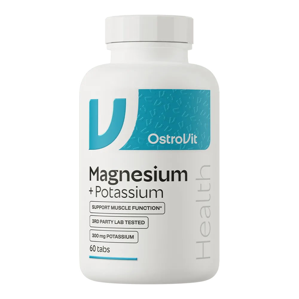 OstroVit Magnesium + Potassium 60 Tabs dietary supplement for muscle function and electrolyte balance, containing magnesium, potassium, and vitamin B6 in tablet form.