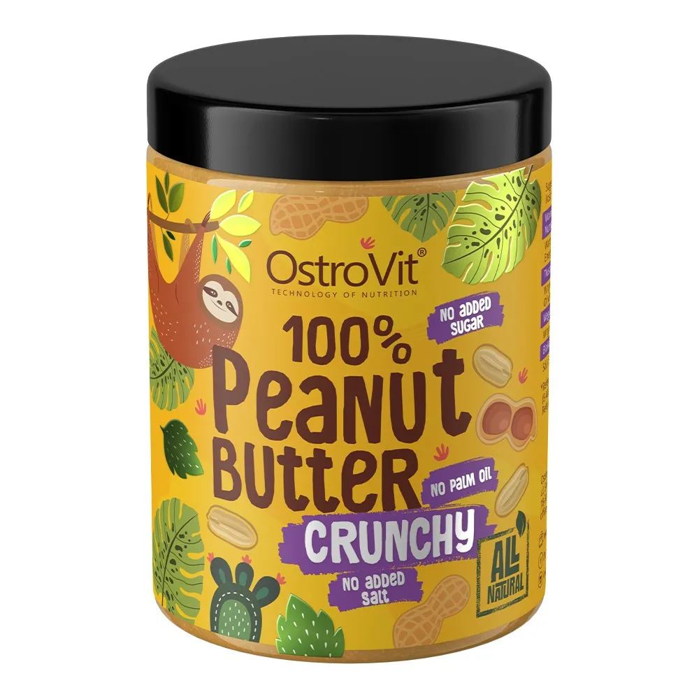 OstroVit 100% Peanut Butter Crunchy, all-natural peanut butter with no added sugar, no palm oil, and no added salt, in a yellow jar with a black lid and playful design.