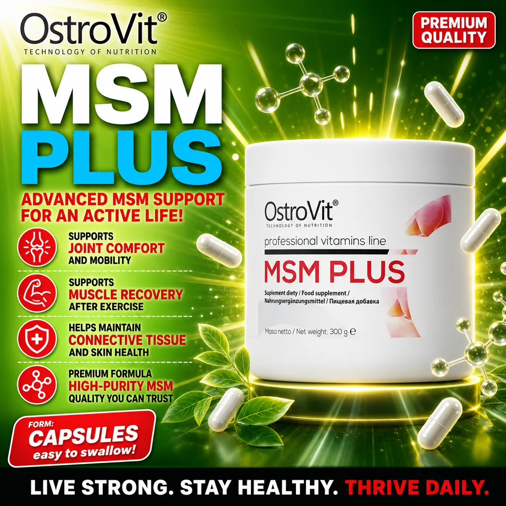 OstroVit MSM Plus 300g dietary supplement, professional vitamins line, MSM capsules for joint comfort, muscle recovery, and connective tissue support, white container with green and yellow background.