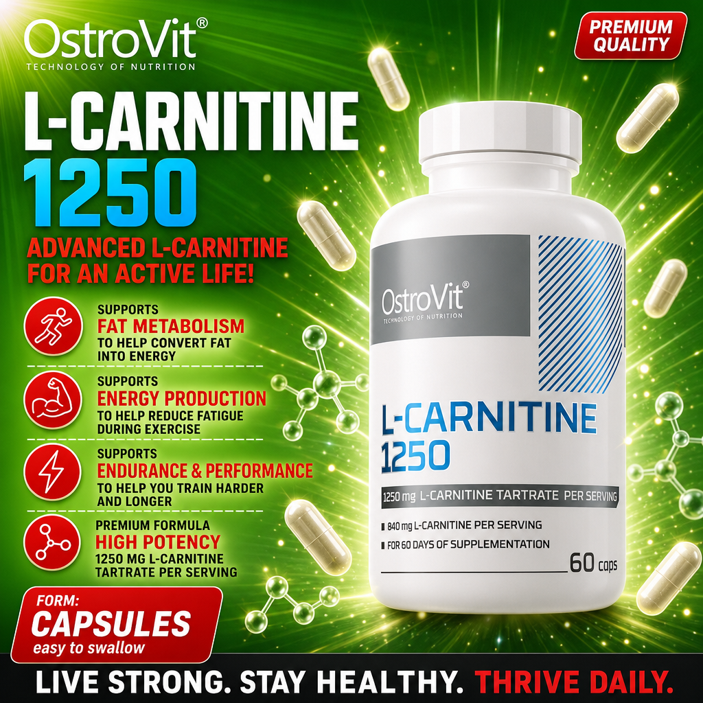 OstroVit L-Carnitine 1250 capsules, 60-count bottle, high-potency L-carnitine tartrate supplement for fat metabolism, energy production, and endurance. White bottle with blue and grey label on a green background.