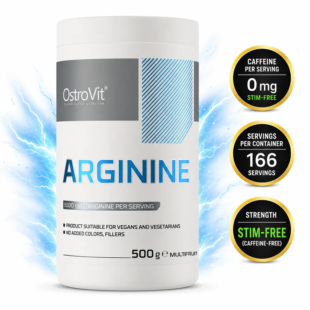 OstroVit Arginine 500g multfruit-flavoured L-arginine powder supplement in a white tub