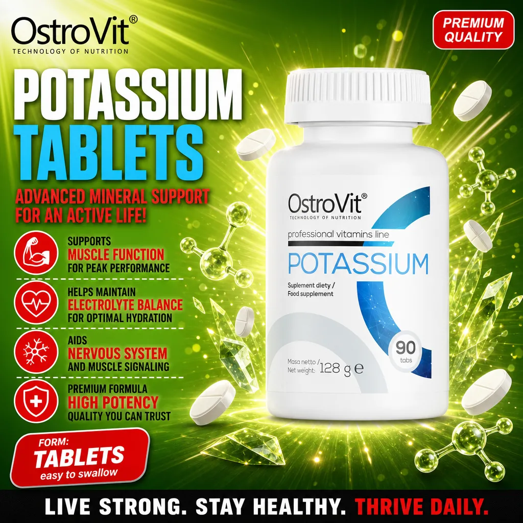 OstroVit Potassium 90 tabs dietary supplement, professional vitamins line, supports muscle function, electrolyte balance, and nervous system, white bottle with blue accents, 128g net weight.