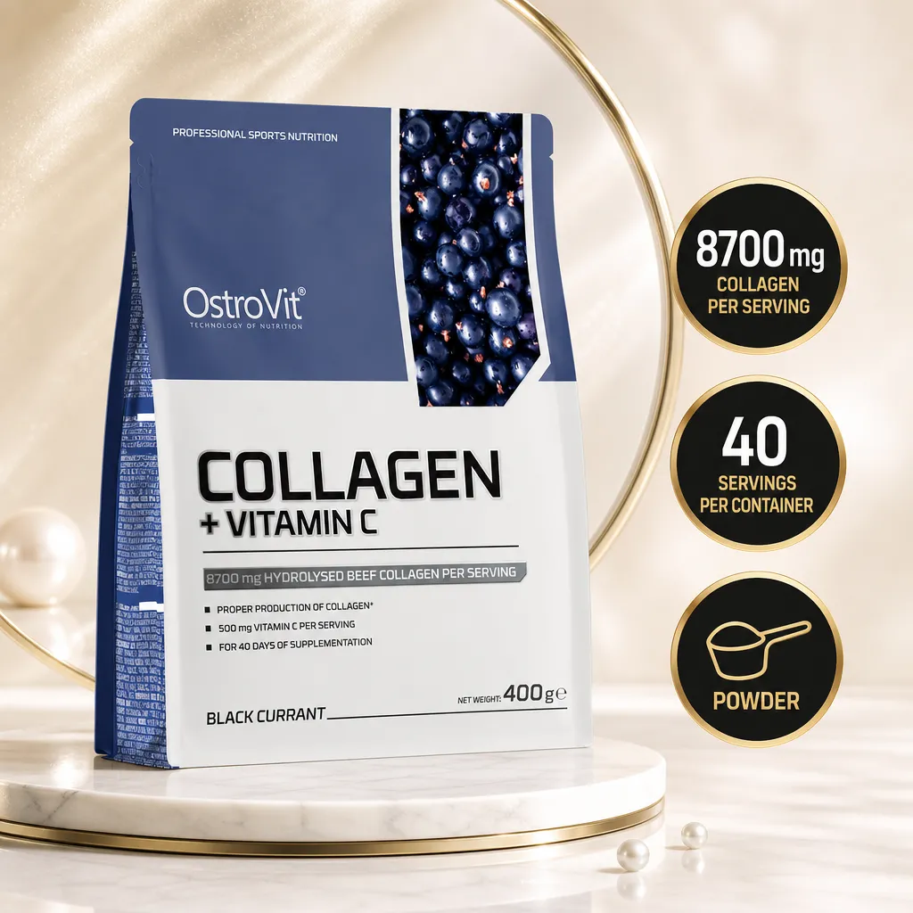 OstroVit Collagen + Vitamin C 400g is a black currant-flavoured hydrolysed beef collagen powder supplement with vitamin C.
