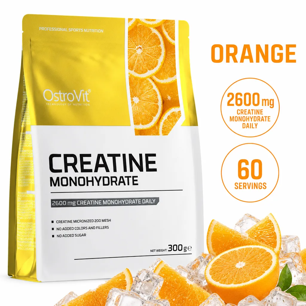 OstroVit Creatine Monohydrate 300g is an orange-flavoured micronized creatine powder supplement in a yellow and white pouch.