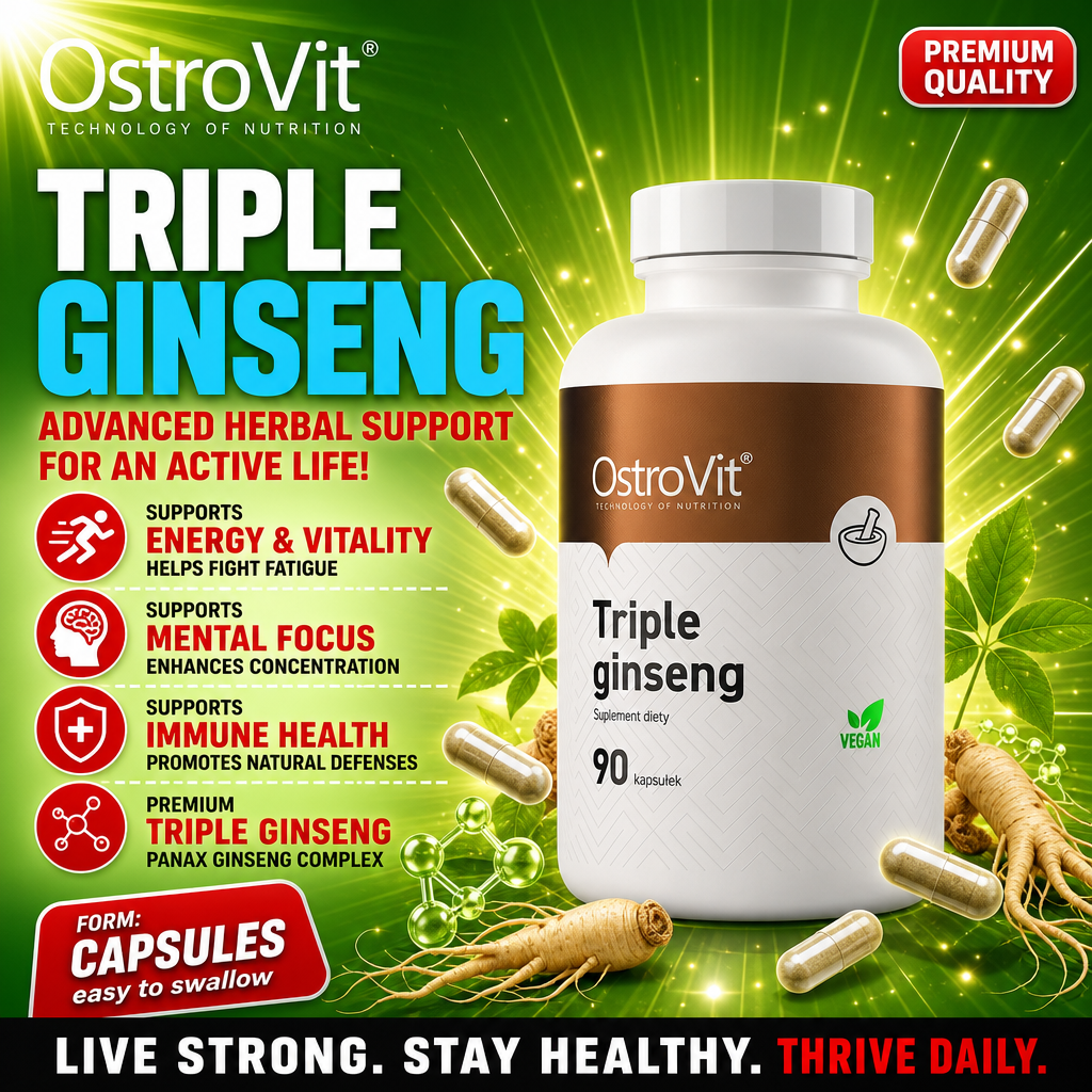 OstroVit Triple Ginseng 90 kapsułek vegan herbal supplement with panax ginseng complex, designed to support energy, vitality, mental focus, and immune health. White bottle with brown label on a green background.