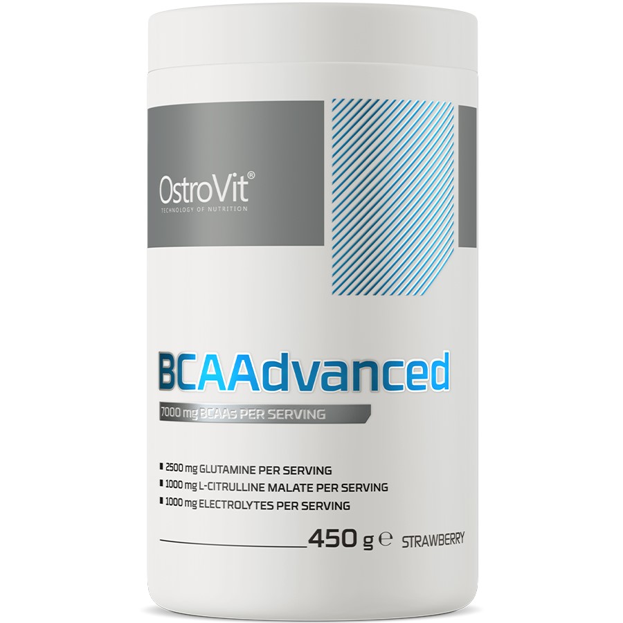 OstroVit BCAAdvanced 450g strawberry-flavour BCAA supplement with glutamine, L-citrulline malate, and electrolytes, in a white tub with blue and grey accents.