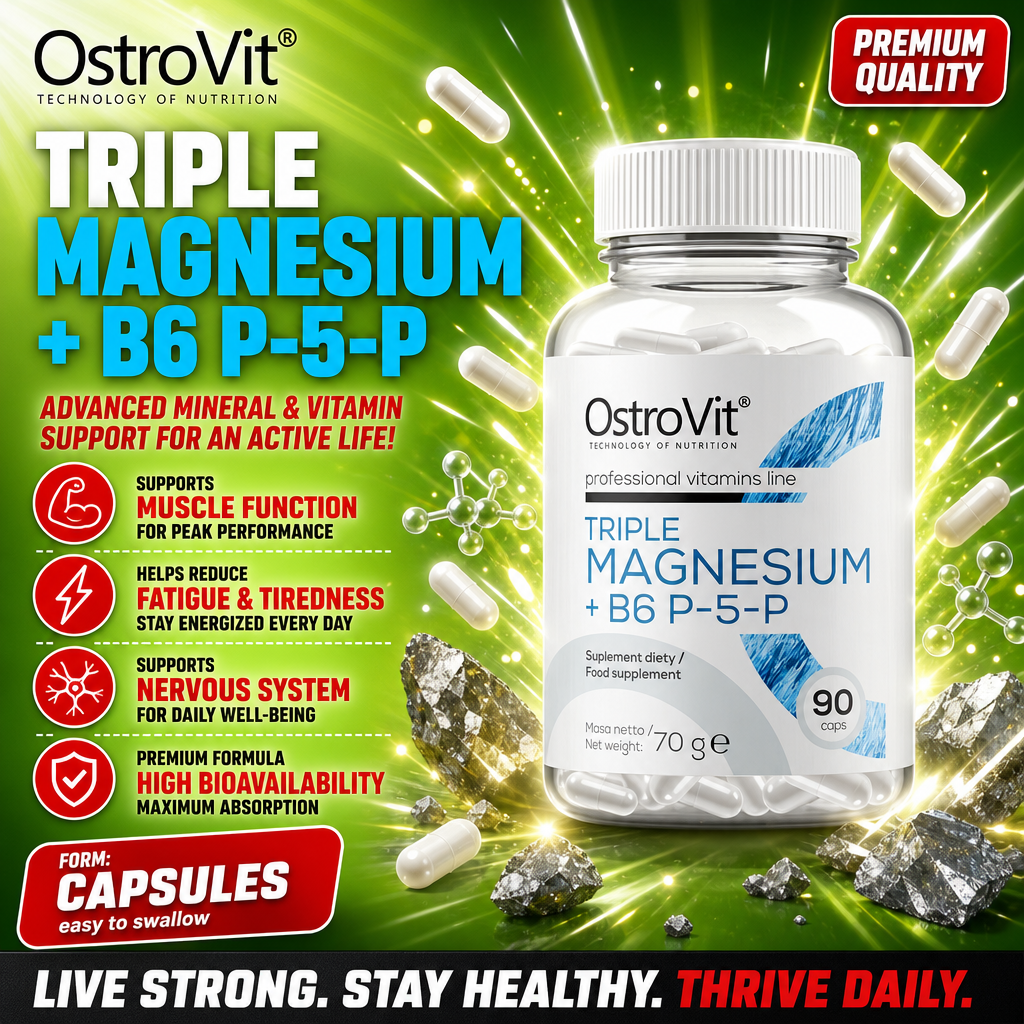 OstroVit Triple Magnesium + B6 P-5-P capsules, a dietary supplement with 90 caps, supporting muscle function, reducing fatigue, and promoting nervous system health, in a white and blue bottle.