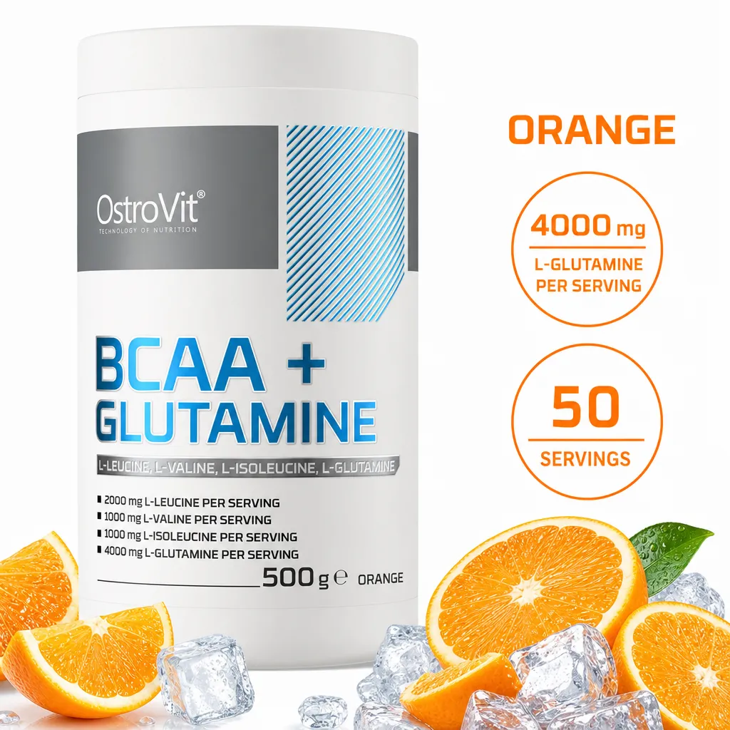 OstroVit BCAA + Glutamine 500g orange-flavoured amino acid powder supplement with 50 servings