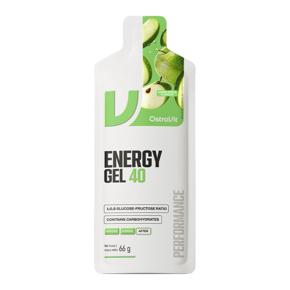 OstroVit Energy Gel 40 green apple flavour carbohydrate energy gel in a 66g pouch, designed for performance and endurance support.